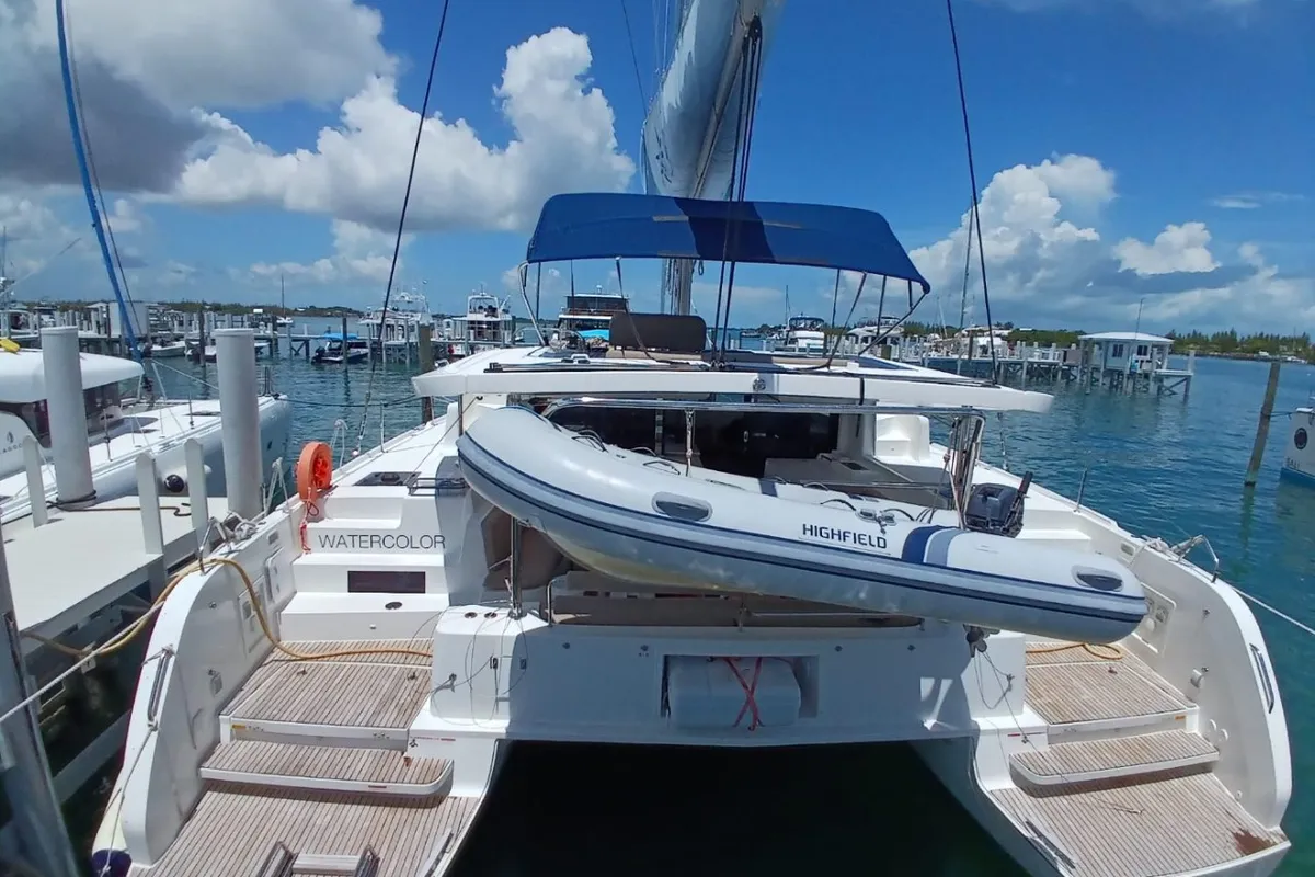 Exterior view of Lagoon 46, a catamaran at Central Abaco, Bahamas