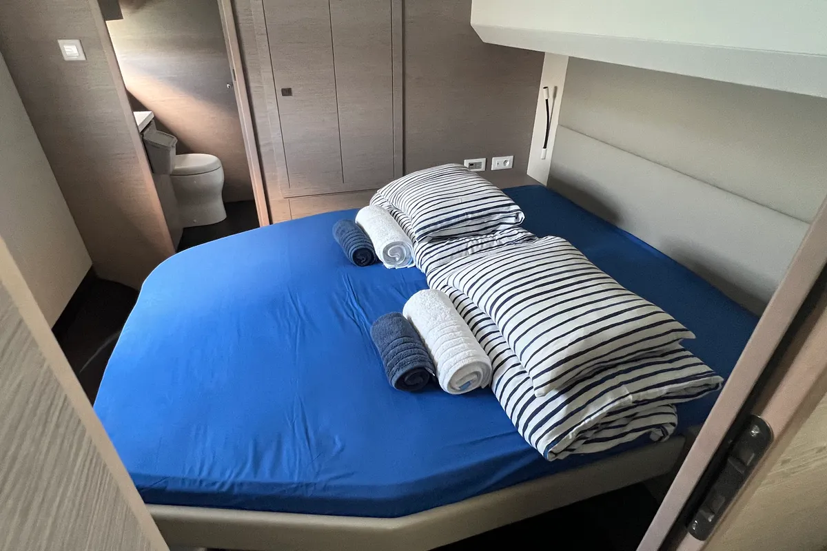 Cabin on Mamma Mia, a Fountaine Pajot MY6 catamaran at Palma de Mallorca, Spain