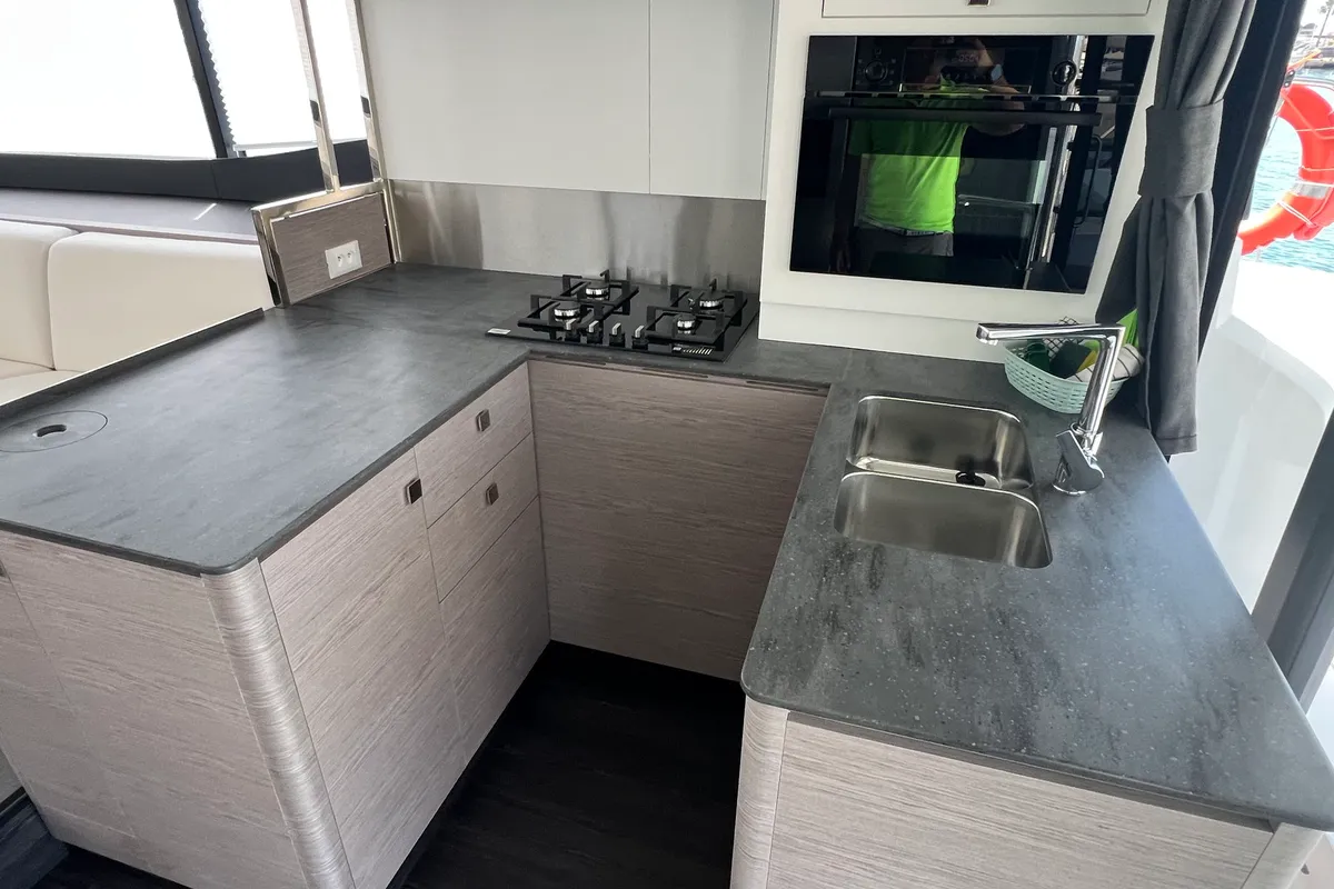 Galley of Mamma Mia, a Fountaine Pajot MY6 catamaran at Palma de Mallorca, Spain