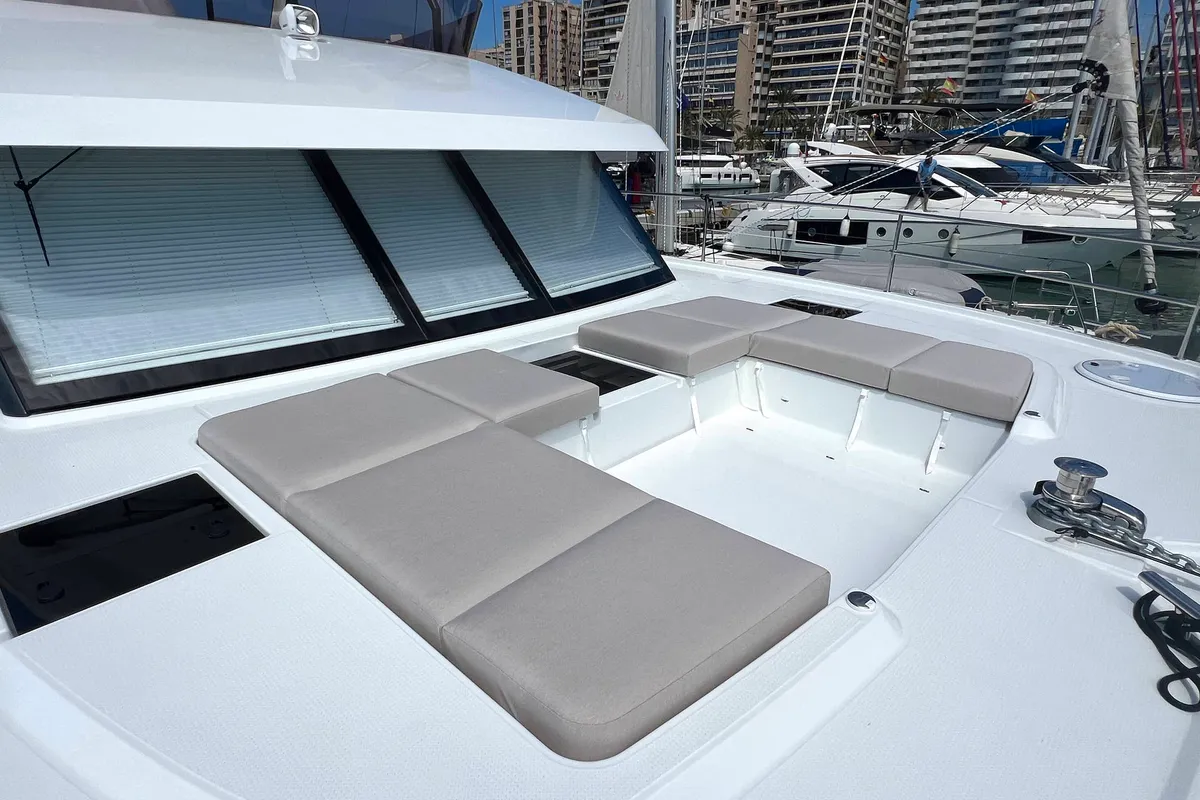 Deck of Mamma Mia, a Fountaine Pajot MY6 catamaran at Palma de Mallorca, Spain