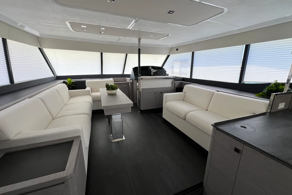 Salon of Mamma Mia, a Fountaine Pajot MY6 catamaran at Palma de Mallorca, Spain