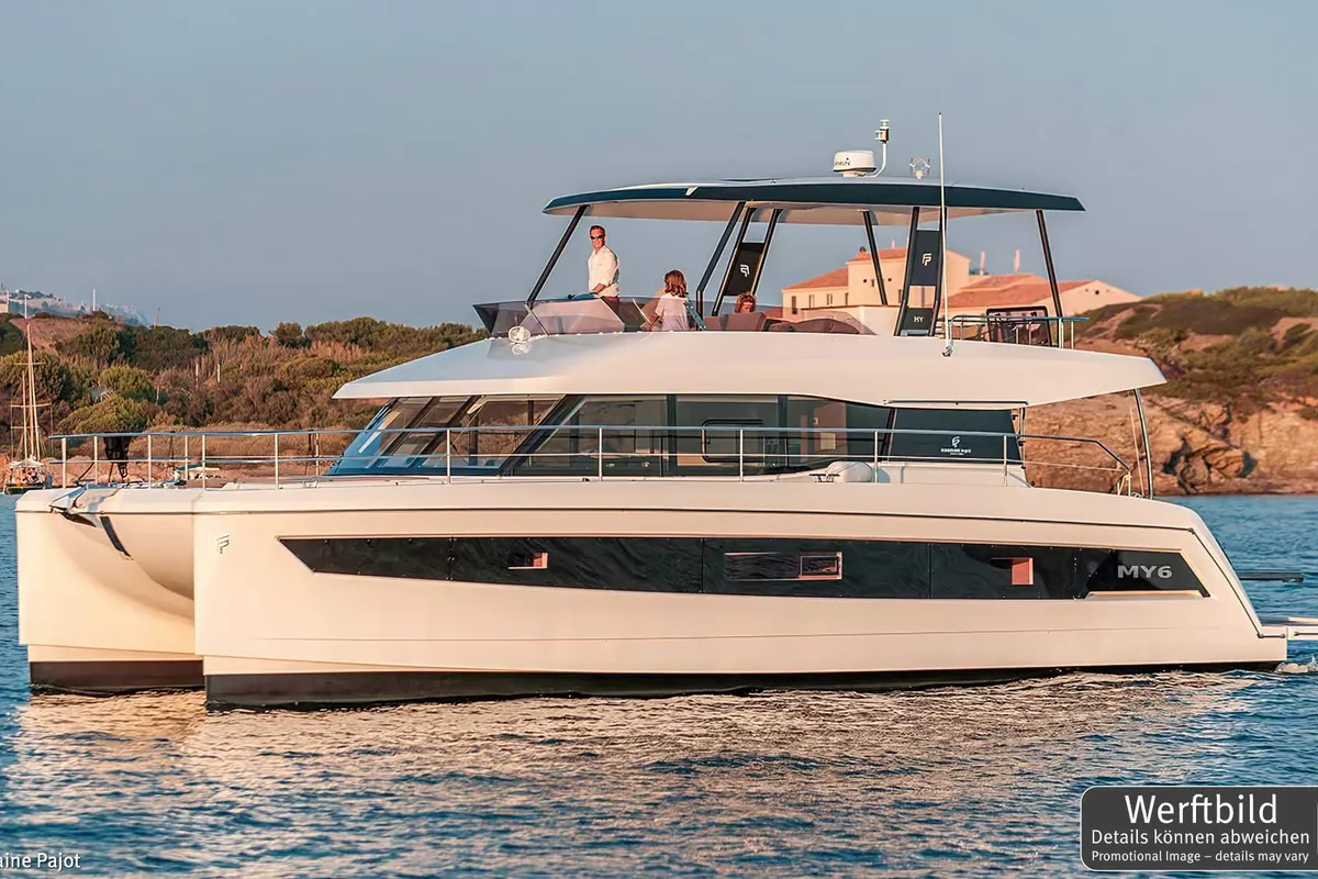 Exterior view of Mamma Mia, a Fountaine Pajot MY6 catamaran at Palma de Mallorca, Spain
