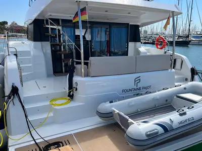Deck of Mamma Mia, a Fountaine Pajot MY6 catamaran at Palma de Mallorca, Spain