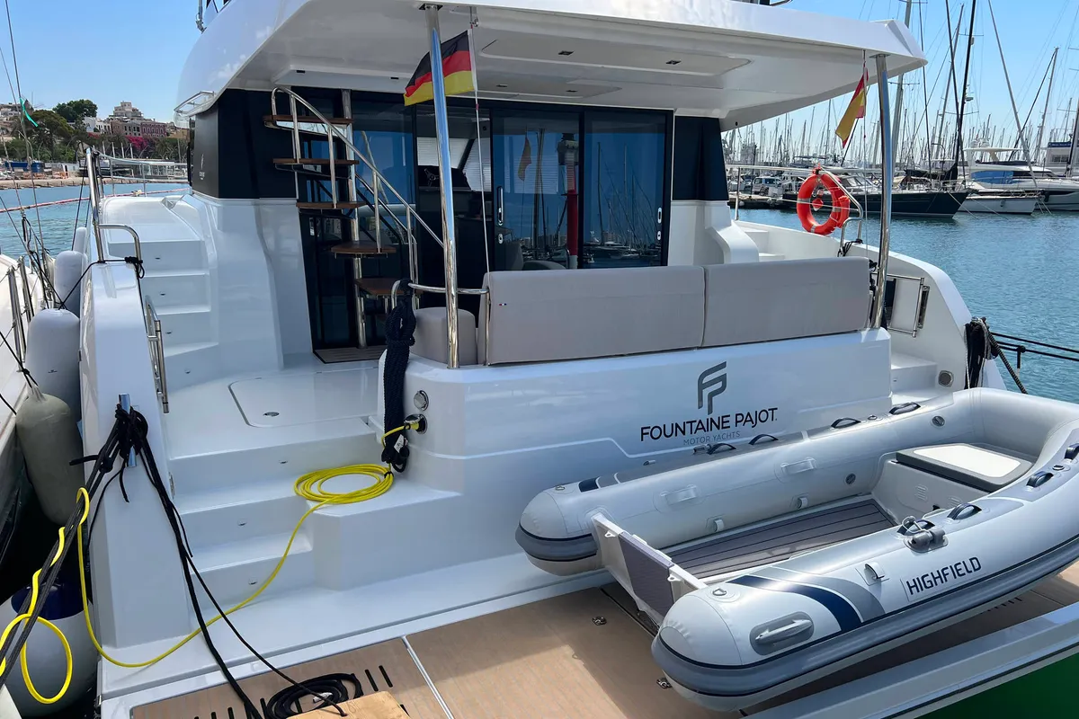 Deck of Mamma Mia, a Fountaine Pajot MY6 catamaran at Palma de Mallorca, Spain