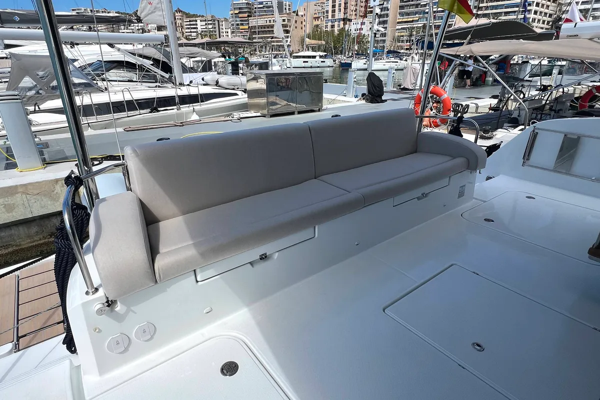 Deck of Mamma Mia, a Fountaine Pajot MY6 catamaran at Palma de Mallorca, Spain