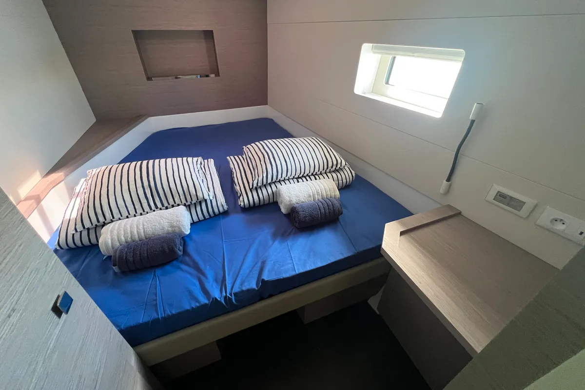 Cabin on Mamma Mia, a Fountaine Pajot MY6 catamaran at Palma de Mallorca, Spain