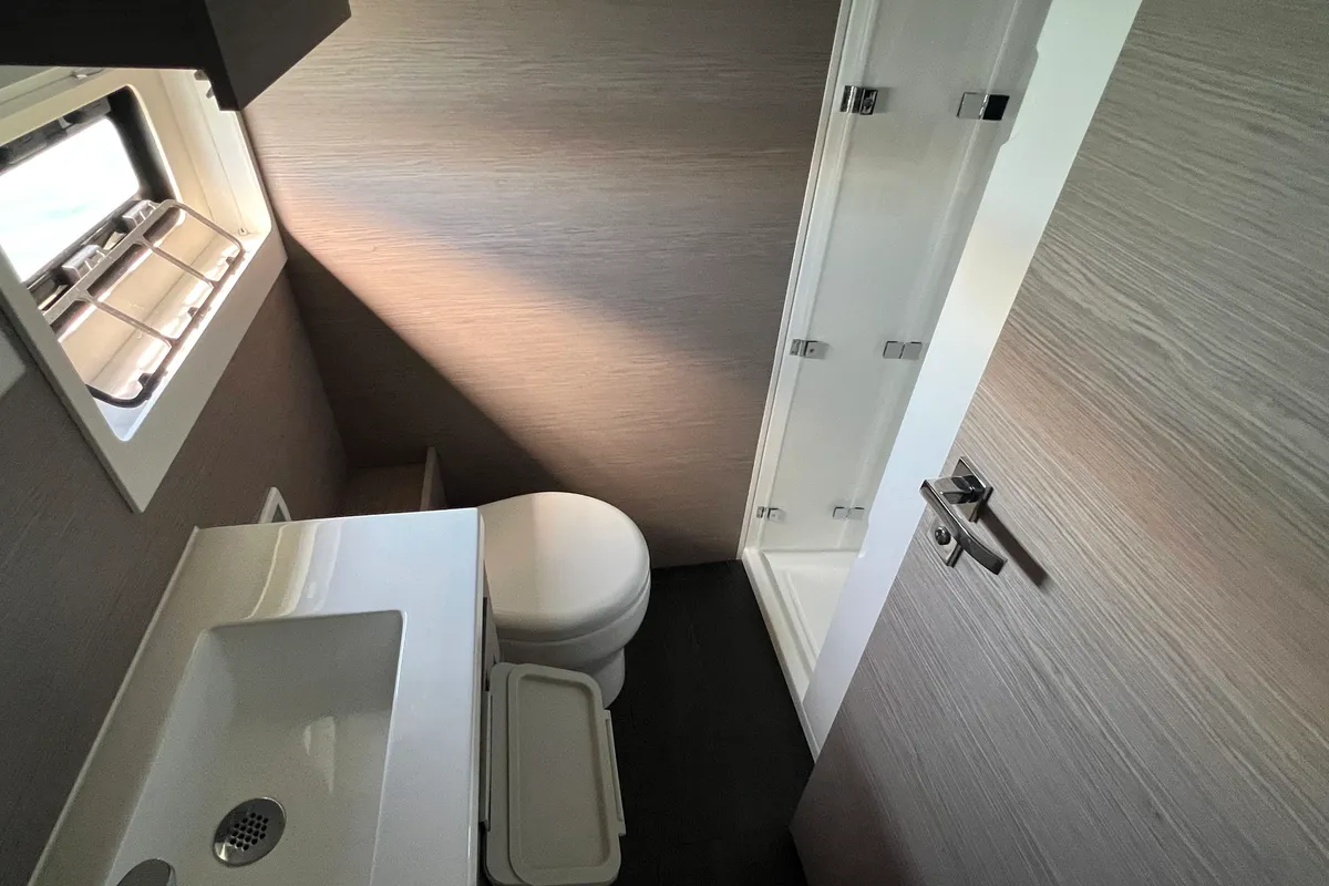 Head on Mamma Mia, a Fountaine Pajot MY6 catamaran at Palma de Mallorca, Spain