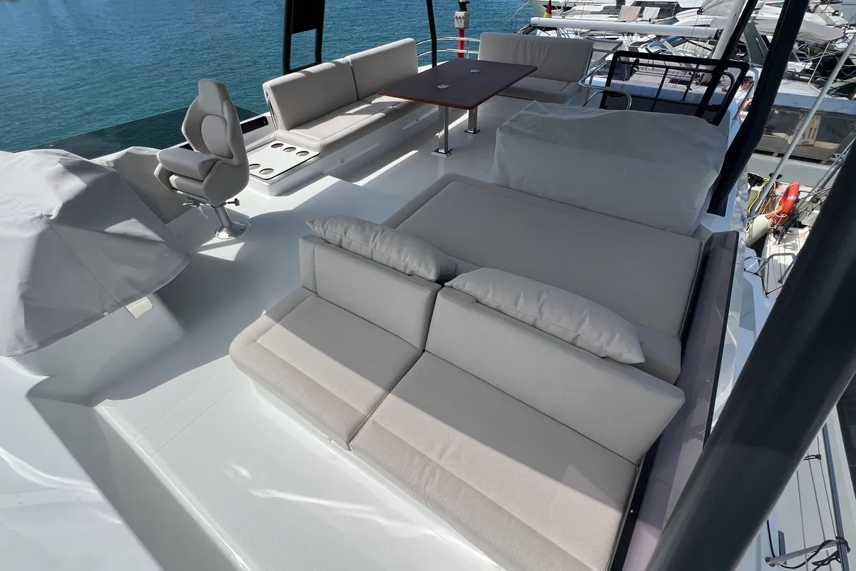 Deck of Mamma Mia, a Fountaine Pajot MY6 catamaran at Palma de Mallorca, Spain