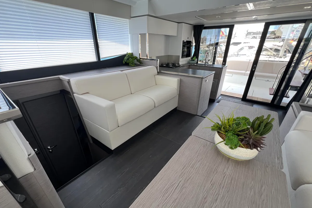 Salon of Mamma Mia, a Fountaine Pajot MY6 catamaran at Palma de Mallorca, Spain