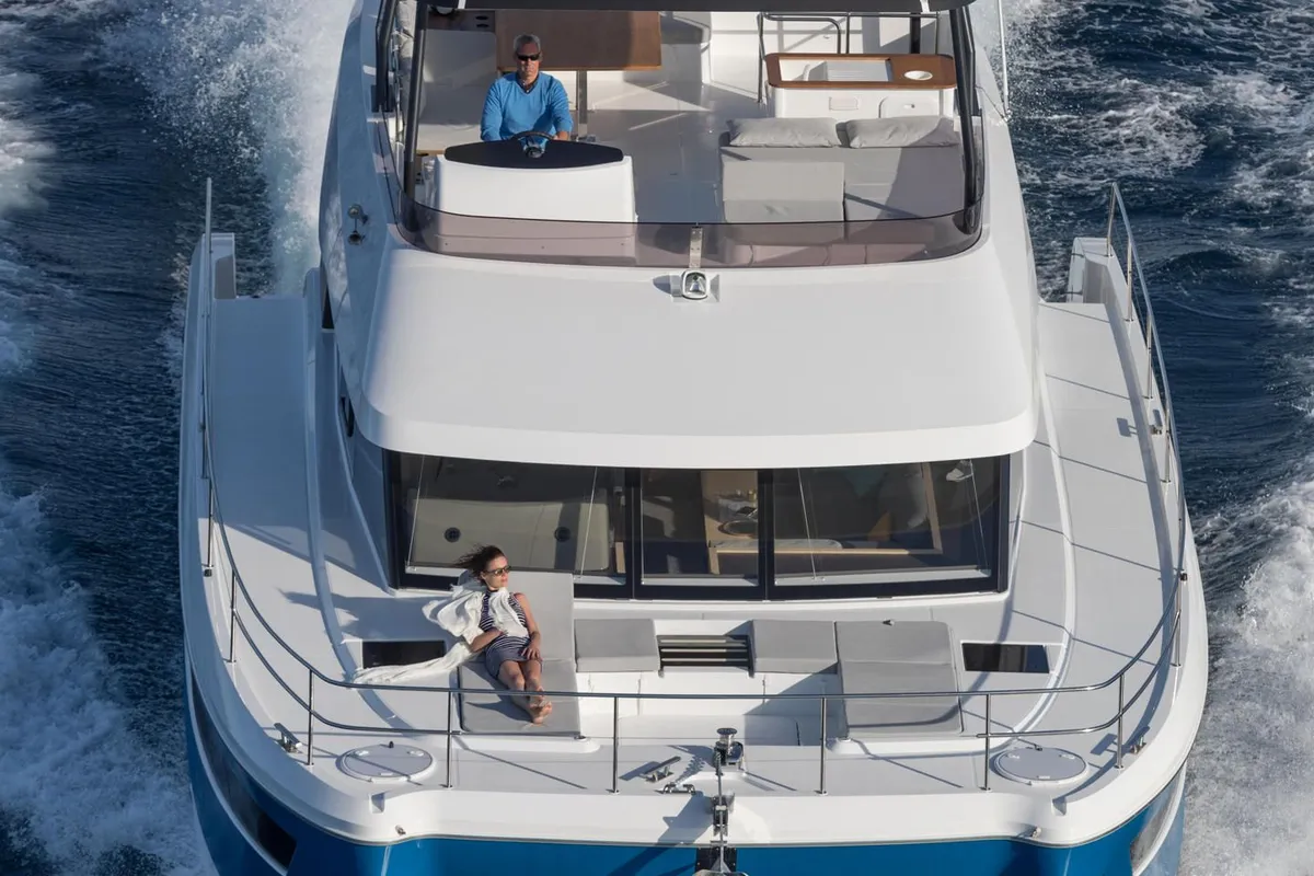 Exterior view of Mamma Mia, a Fountaine Pajot MY6 catamaran at Palma de Mallorca, Spain