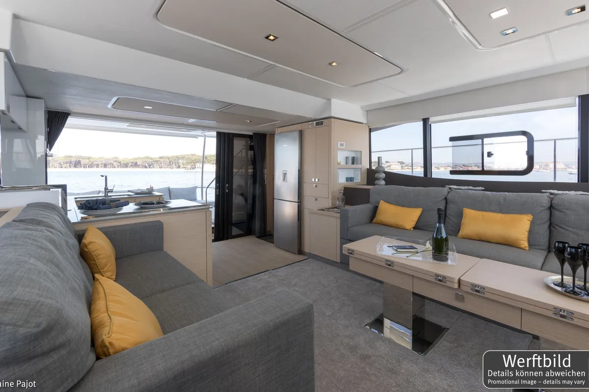 Galley of Mamma Mia, a Fountaine Pajot MY6 catamaran at Palma de Mallorca, Spain