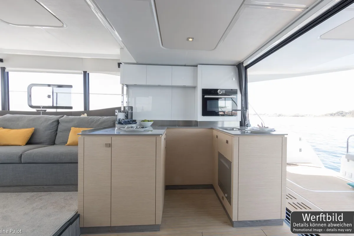 Galley of Mamma Mia, a Fountaine Pajot MY6 catamaran at Palma de Mallorca, Spain