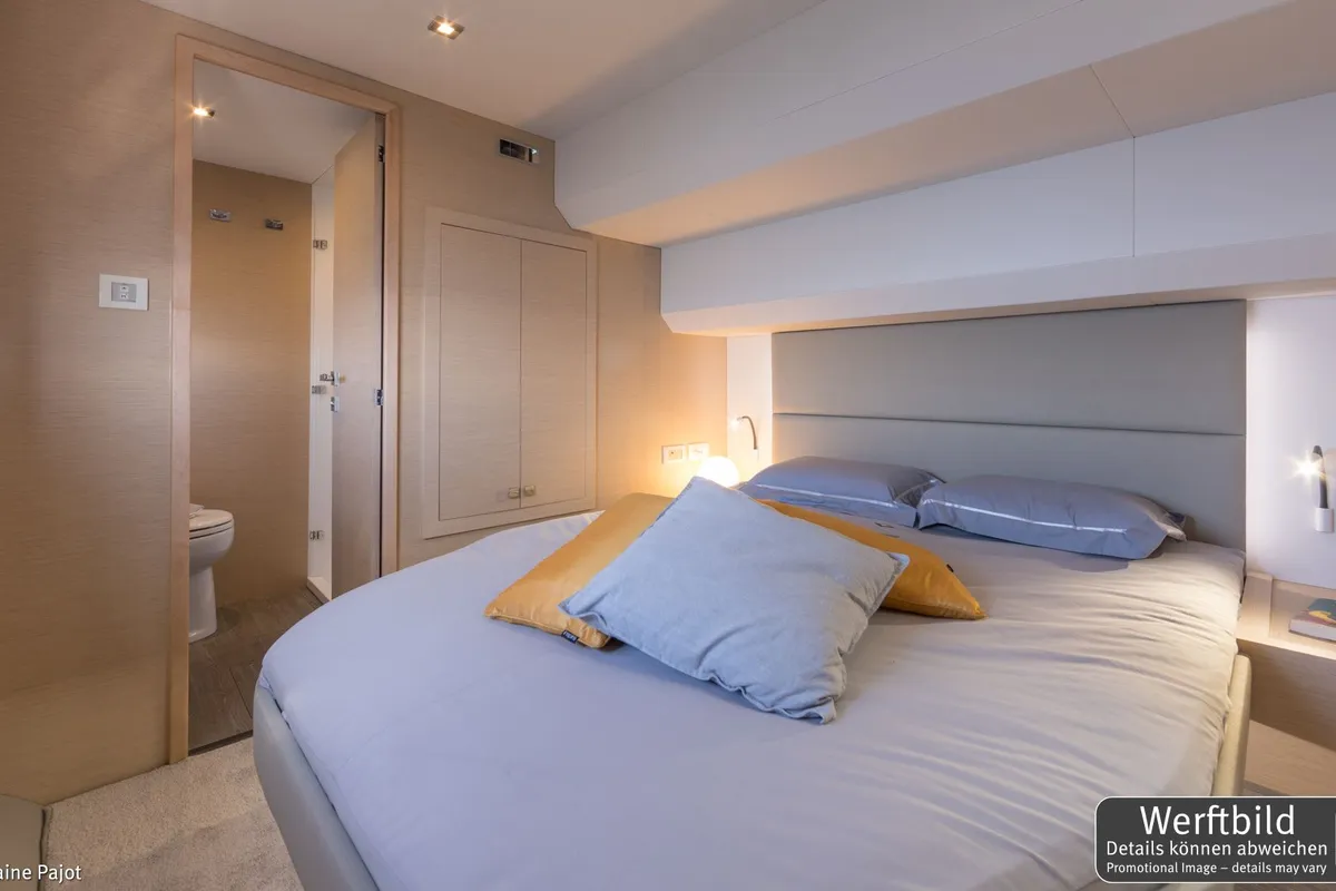 Cabin on Mamma Mia, a Fountaine Pajot MY6 catamaran at Palma de Mallorca, Spain