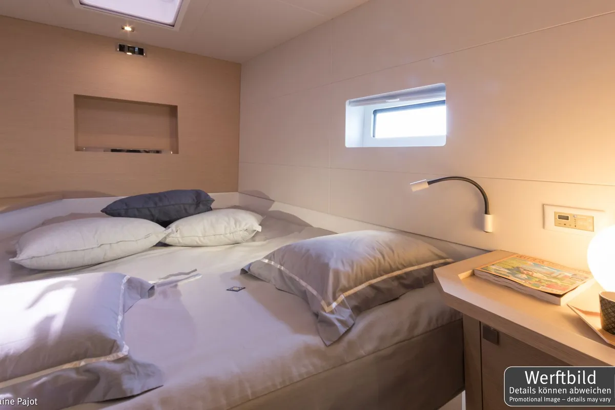 Cabin on Mamma Mia, a Fountaine Pajot MY6 catamaran at Palma de Mallorca, Spain