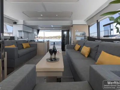 Salon of Mamma Mia, a Fountaine Pajot MY6 catamaran at Palma de Mallorca, Spain