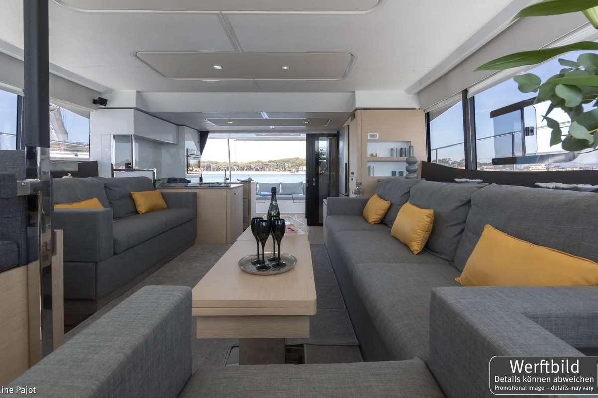 Salon of Mamma Mia, a Fountaine Pajot MY6 catamaran at Palma de Mallorca, Spain