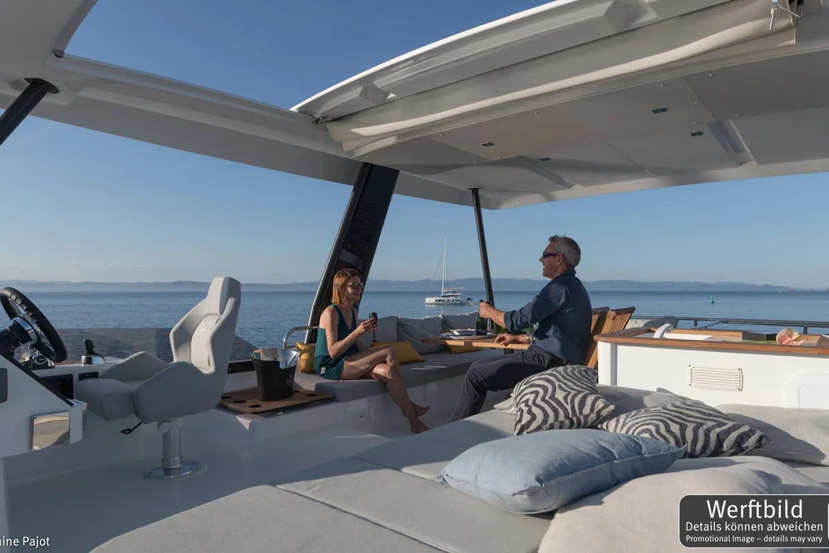 Deck of Mamma Mia, a Fountaine Pajot MY6 catamaran at Palma de Mallorca, Spain