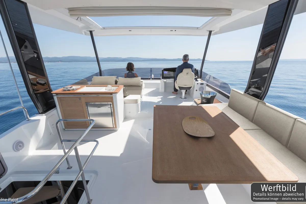 Deck of Mamma Mia, a Fountaine Pajot MY6 catamaran at Palma de Mallorca, Spain