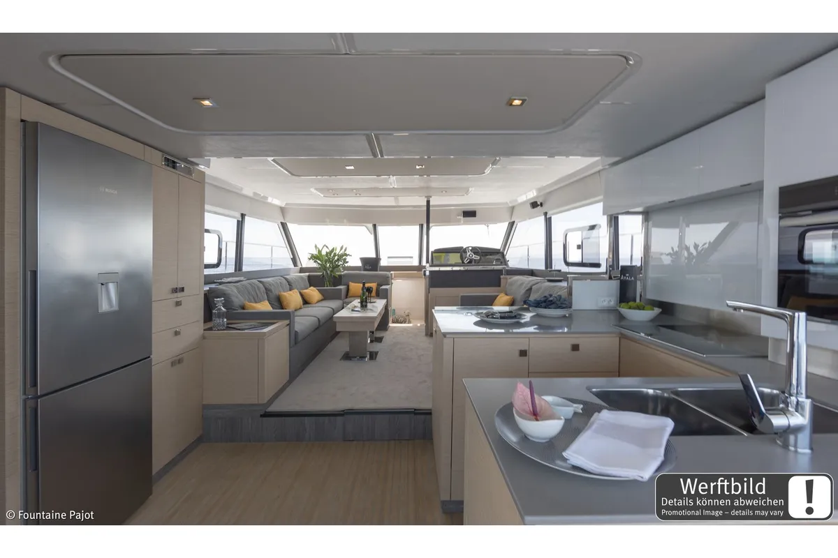 Galley of Mamma Mia, a Fountaine Pajot MY6 catamaran at Palma de Mallorca, Spain