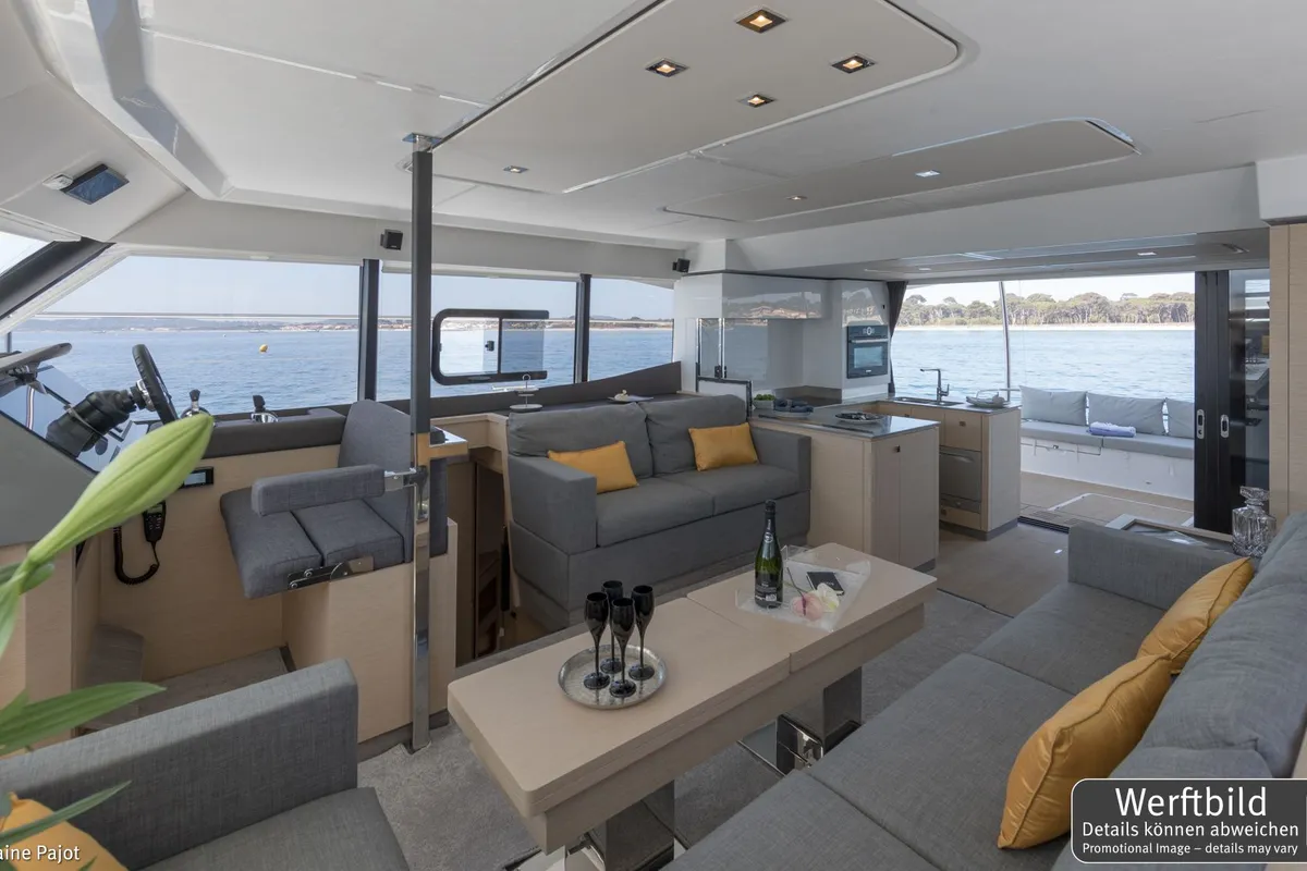 Salon of Mamma Mia, a Fountaine Pajot MY6 catamaran at Palma de Mallorca, Spain