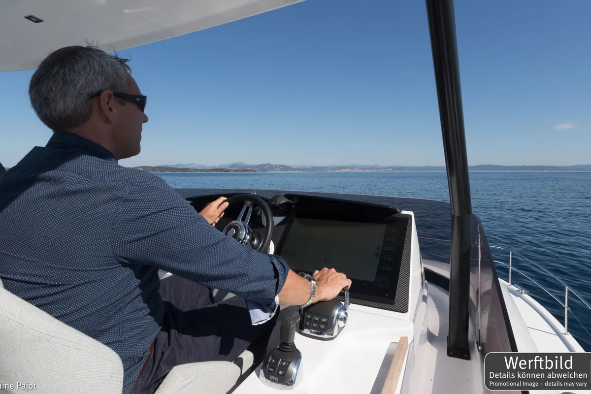 Cockpit of Mamma Mia, a Fountaine Pajot MY6 catamaran at Palma de Mallorca, Spain