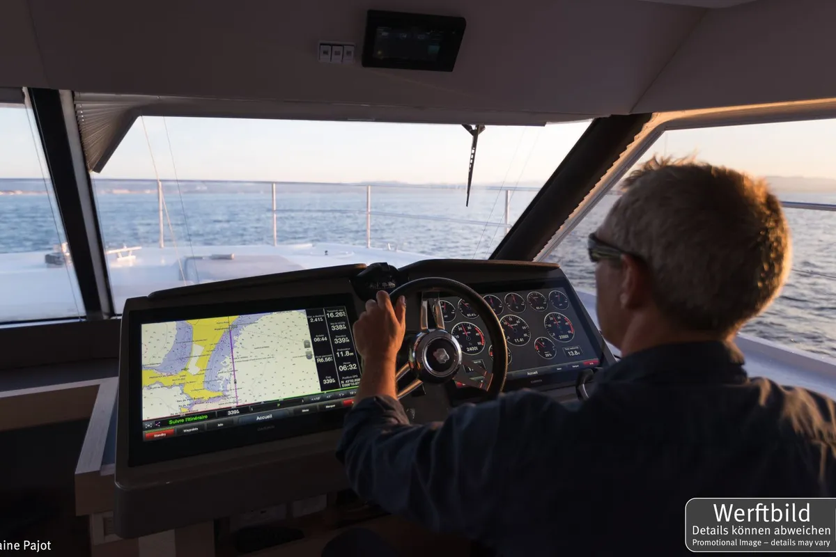 Cockpit of Mamma Mia, a Fountaine Pajot MY6 catamaran at Palma de Mallorca, Spain