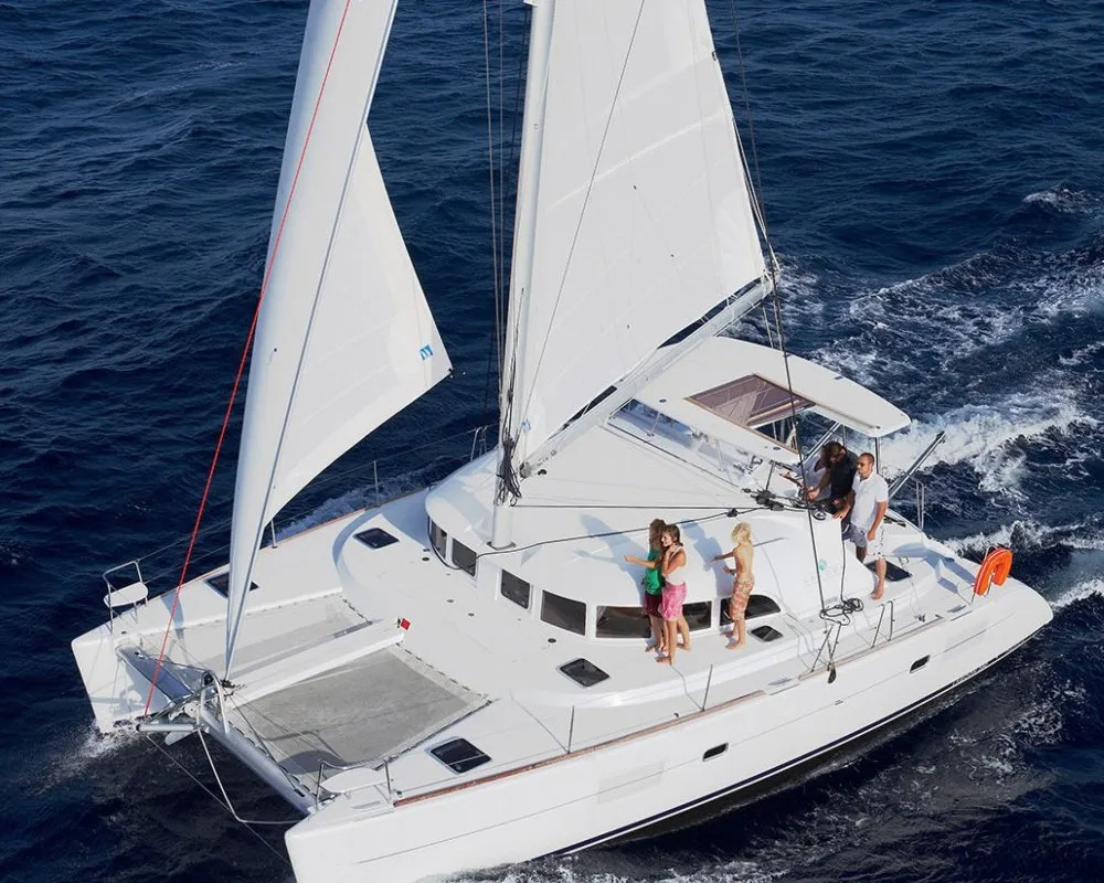 Exterior view of Aride, a Lagoon 380 catamaran at Roche Caiman, Seychelles