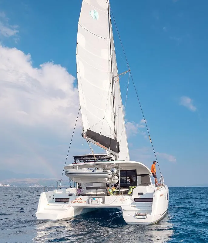 Exterior view of Sea Voyager, a Lagoon 42 catamaran at Split, Croatia