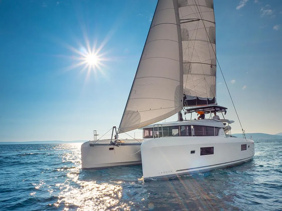 Exterior view of Sea Voyager, a Lagoon 42 catamaran at Split, Croatia