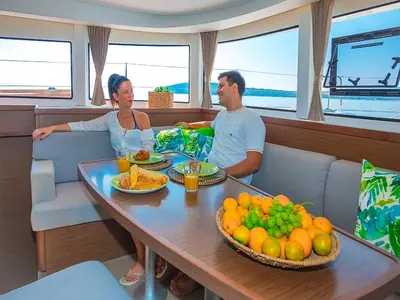Salon of Sea Voyager, a Lagoon 42 catamaran at Split, Croatia