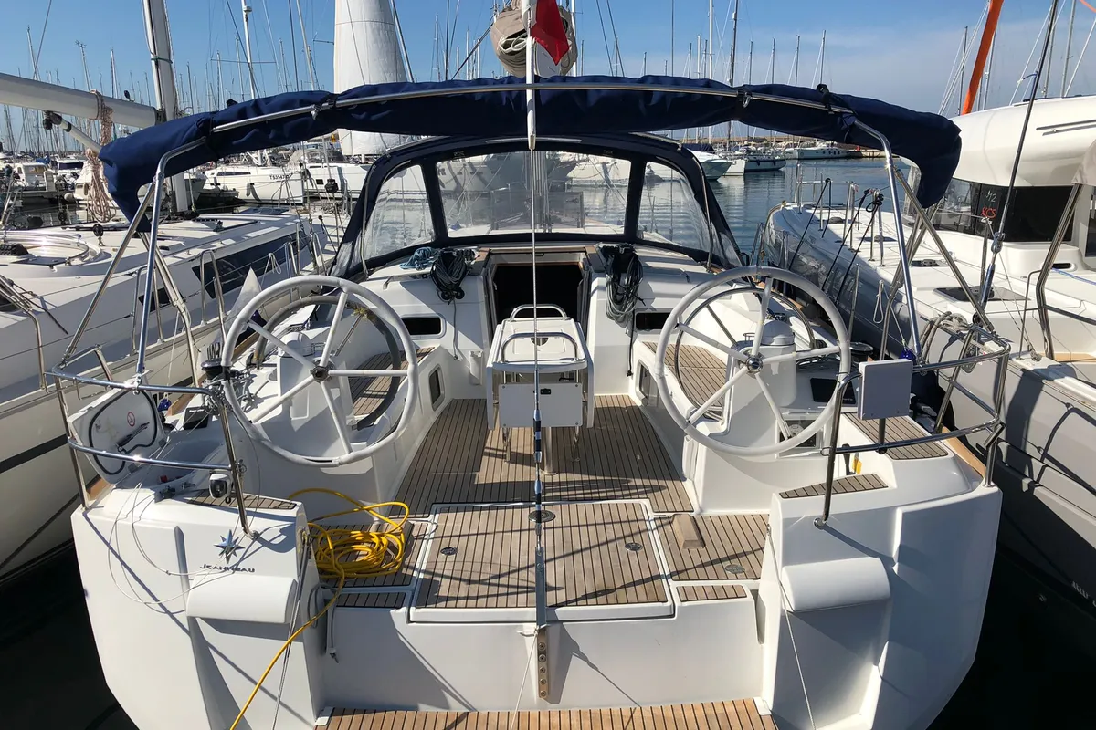 Cockpit of Giuncatello, a Jeanneau Sun Odyssey 519 sailboat at Puntone di Scarlino, Italy