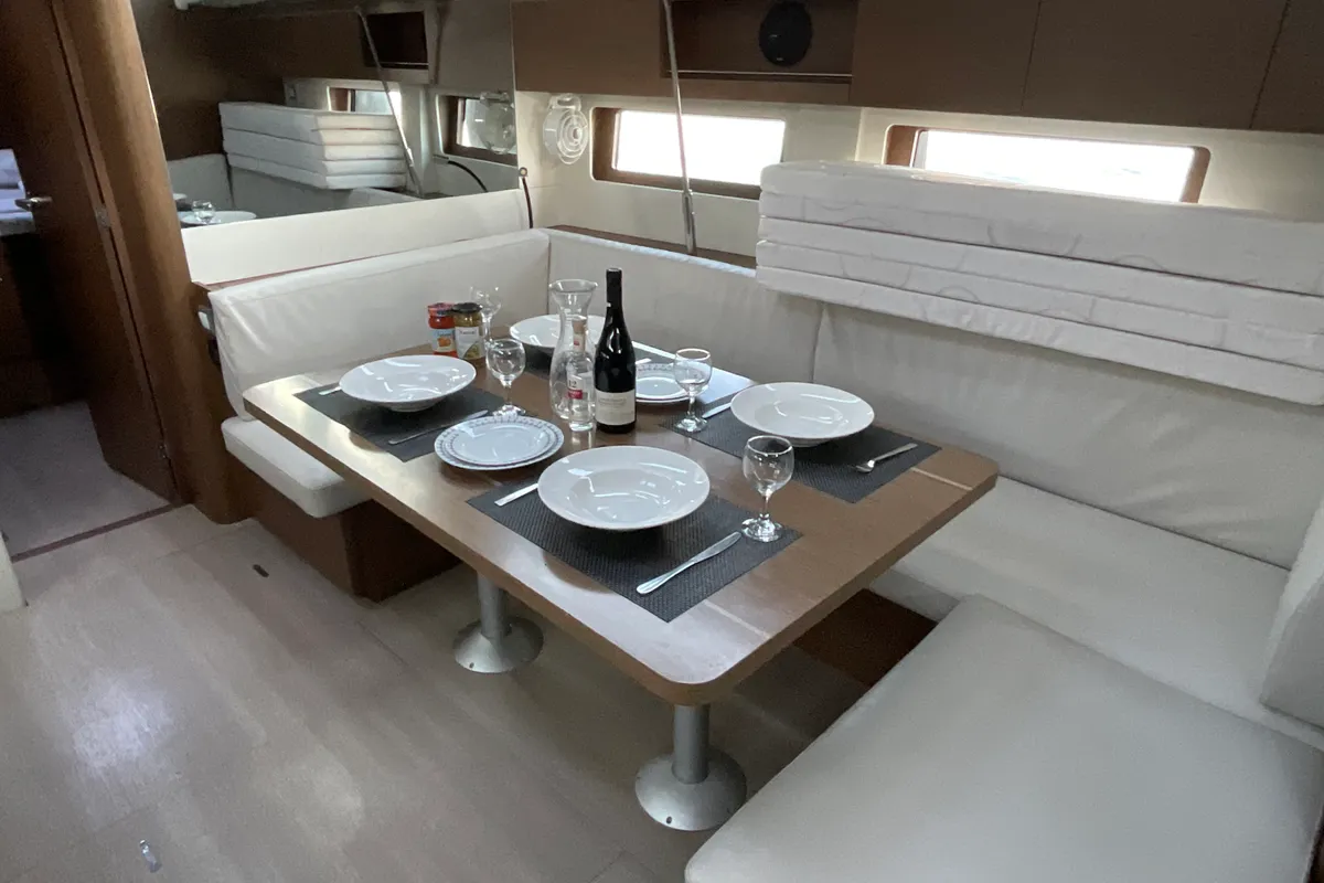 Salon of Retsina, a Beneteau Oceanis 51.1 sailboat at Municipal Unit of Lefkada, Greece