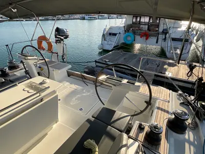 Cockpit of Retsina, a Beneteau Oceanis 51.1 sailboat at Municipal Unit of Lefkada, Greece