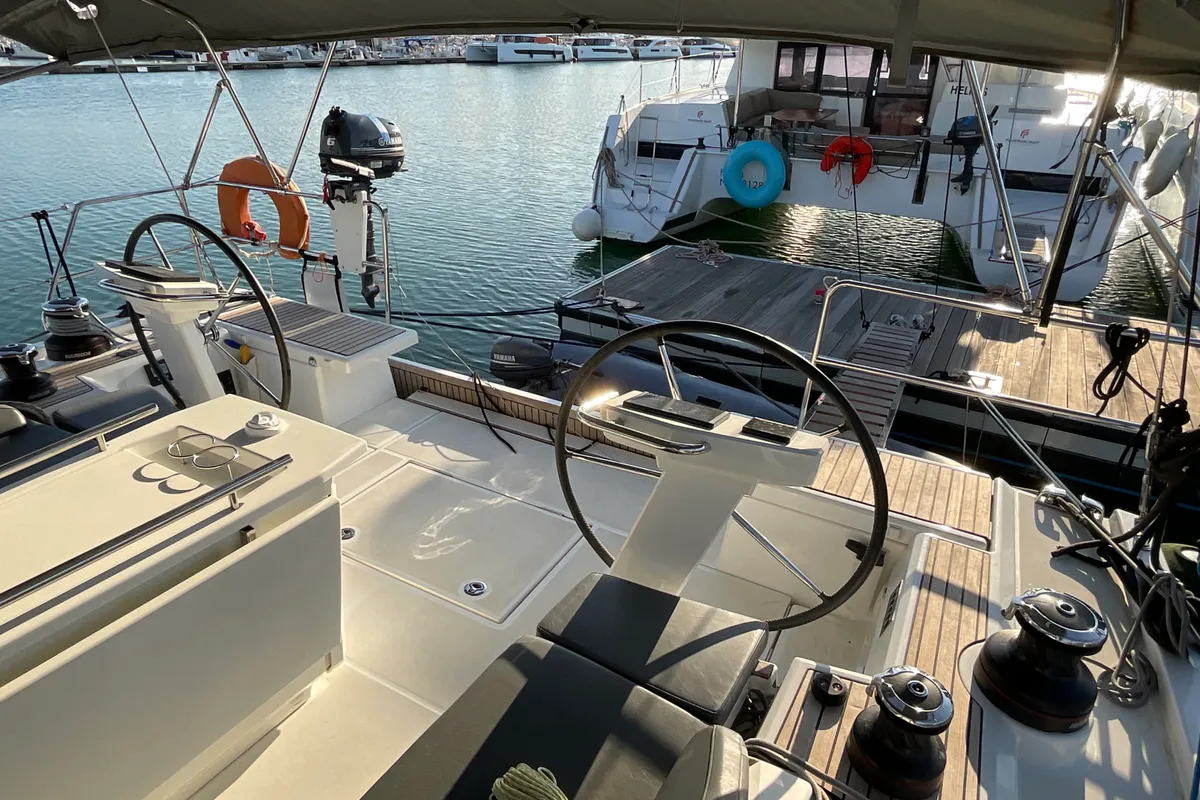Cockpit of Retsina, a Beneteau Oceanis 51.1 sailboat at Municipal Unit of Lefkada, Greece