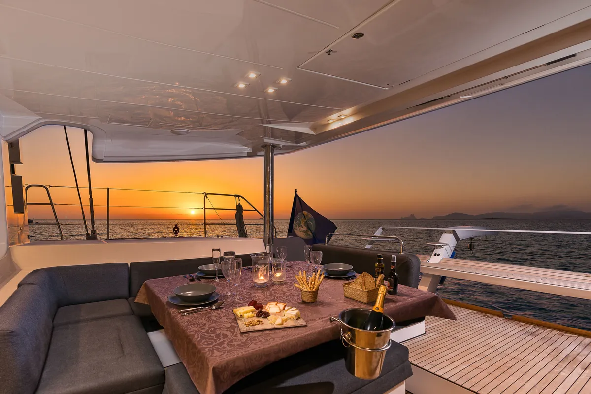 Deck of Flow, a Lagoon 52 catamaran at Sant Antoni de Portmany, Spain