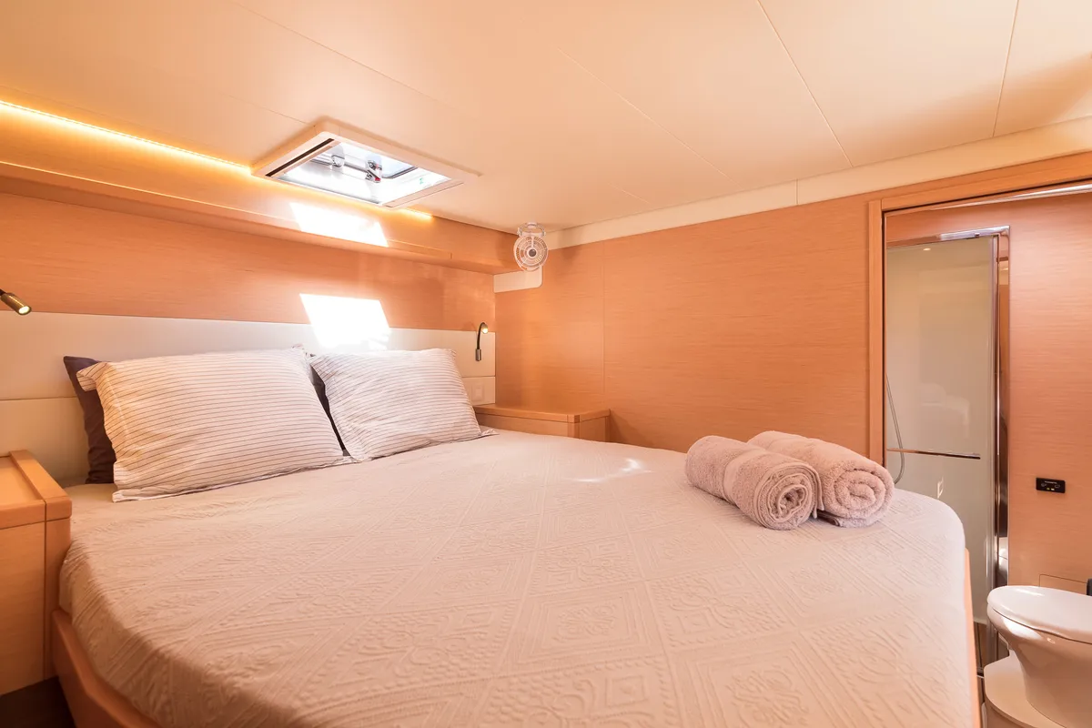 Cabin on Flow, a Lagoon 52 catamaran at Sant Antoni de Portmany, Spain