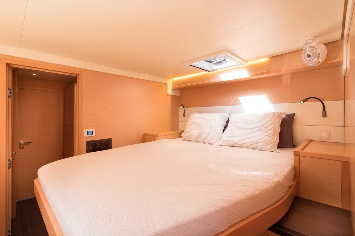 Cabin on Flow, a Lagoon 52 catamaran at Sant Antoni de Portmany, Spain