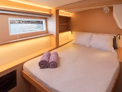 Cabin on Flow, a Lagoon 52 catamaran at Sant Antoni de Portmany, Spain