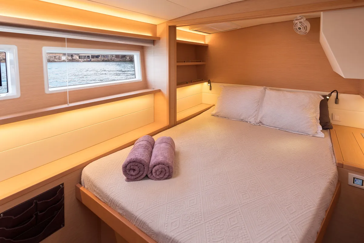 Cabin on Flow, a Lagoon 52 catamaran at Sant Antoni de Portmany, Spain
