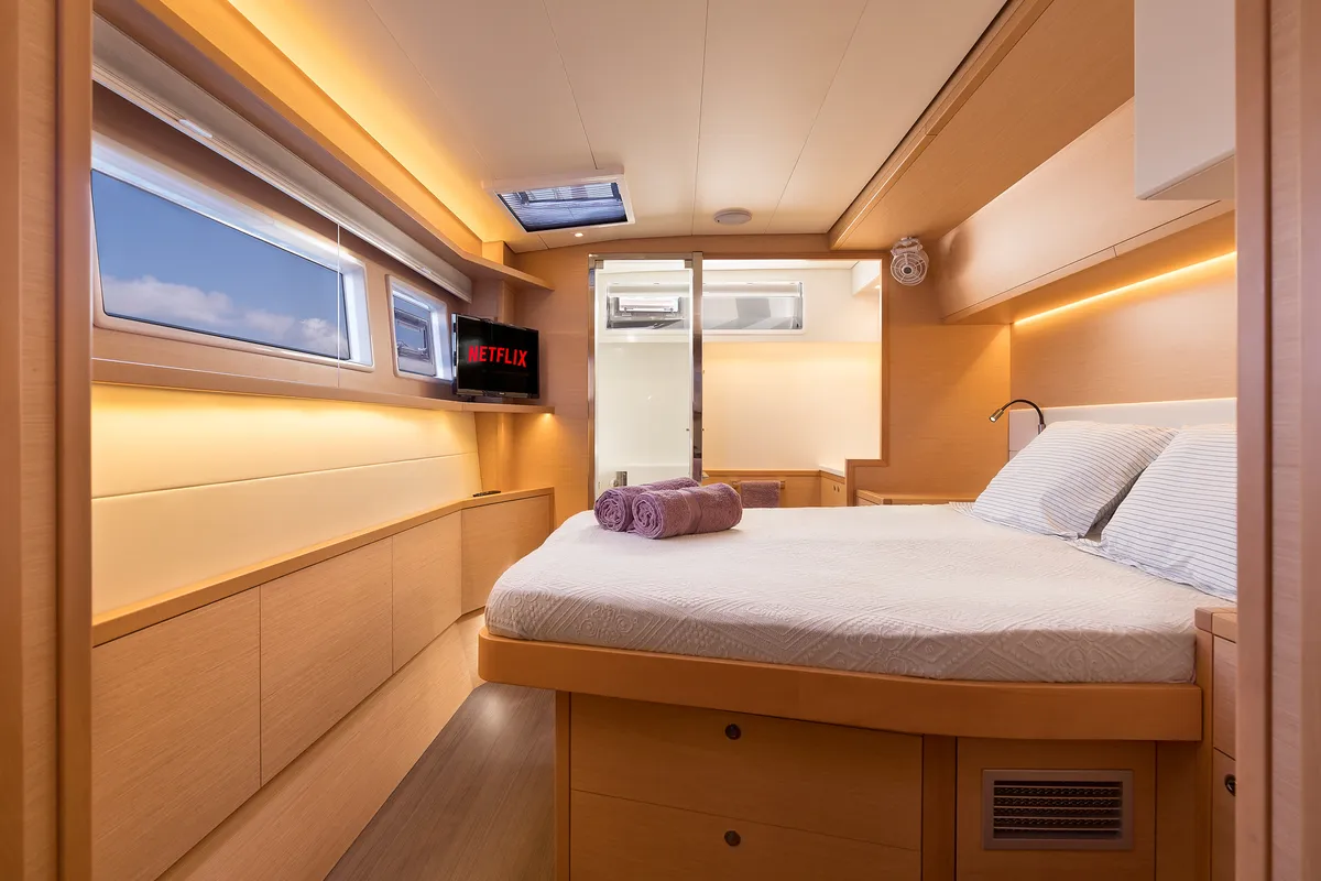 Cabin on Flow, a Lagoon 52 catamaran at Sant Antoni de Portmany, Spain