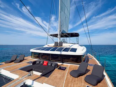 Deck of Flow, a Lagoon 52 catamaran at Sant Antoni de Portmany, Spain