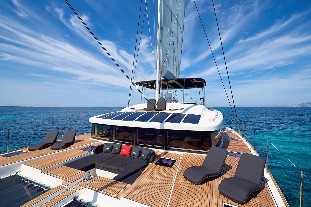 Deck of Flow, a Lagoon 52 catamaran at Sant Antoni de Portmany, Spain