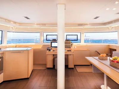 Salon of Flow, a Lagoon 52 catamaran at Sant Antoni de Portmany, Spain