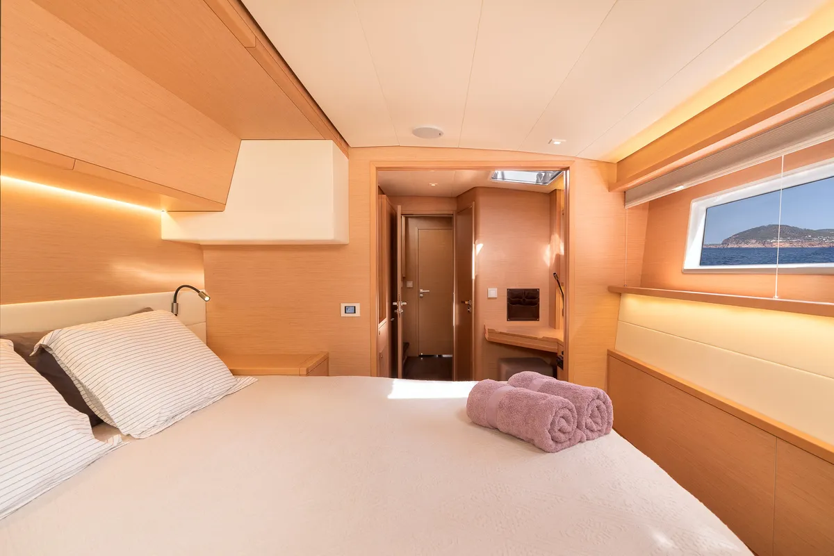 Cabin on Flow, a Lagoon 52 catamaran at Sant Antoni de Portmany, Spain