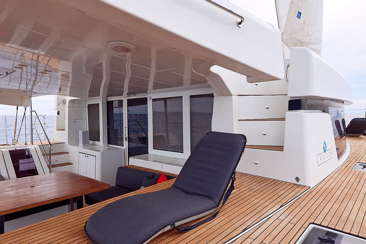 Deck of Flow, a Lagoon 52 catamaran at Sant Antoni de Portmany, Spain