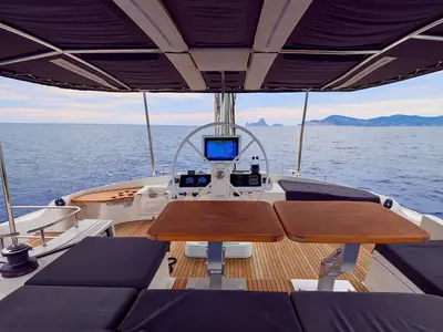 Cockpit of Flow, a Lagoon 52 catamaran at Sant Antoni de Portmany, Spain