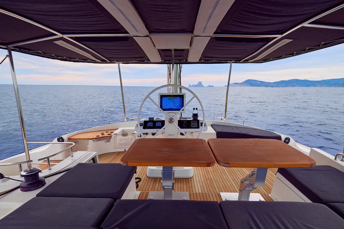 Cockpit of Flow, a Lagoon 52 catamaran at Sant Antoni de Portmany, Spain