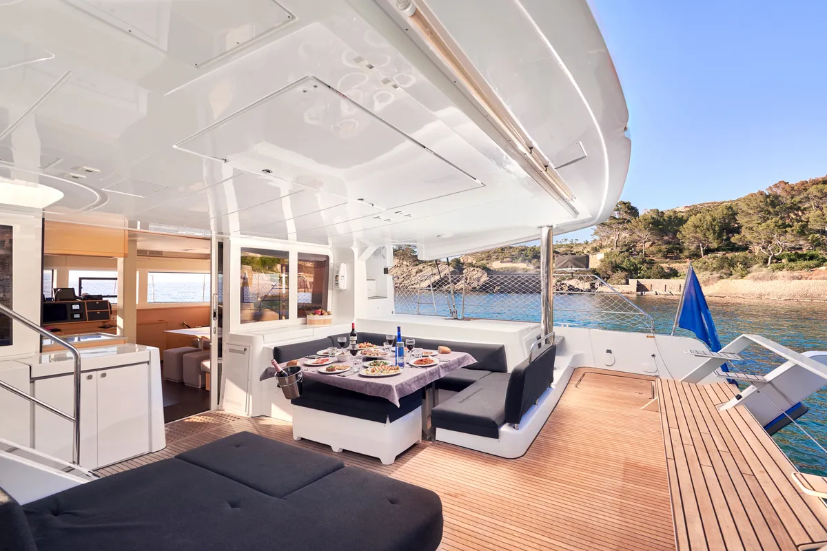 Deck of Flow, a Lagoon 52 catamaran at Sant Antoni de Portmany, Spain