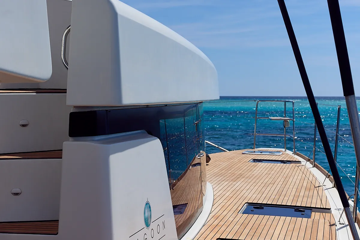 Exterior view of Flow, a Lagoon 52 catamaran at Sant Antoni de Portmany, Spain
