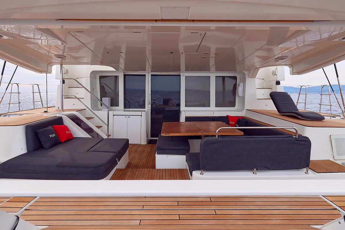 Deck of Flow, a Lagoon 52 catamaran at Sant Antoni de Portmany, Spain